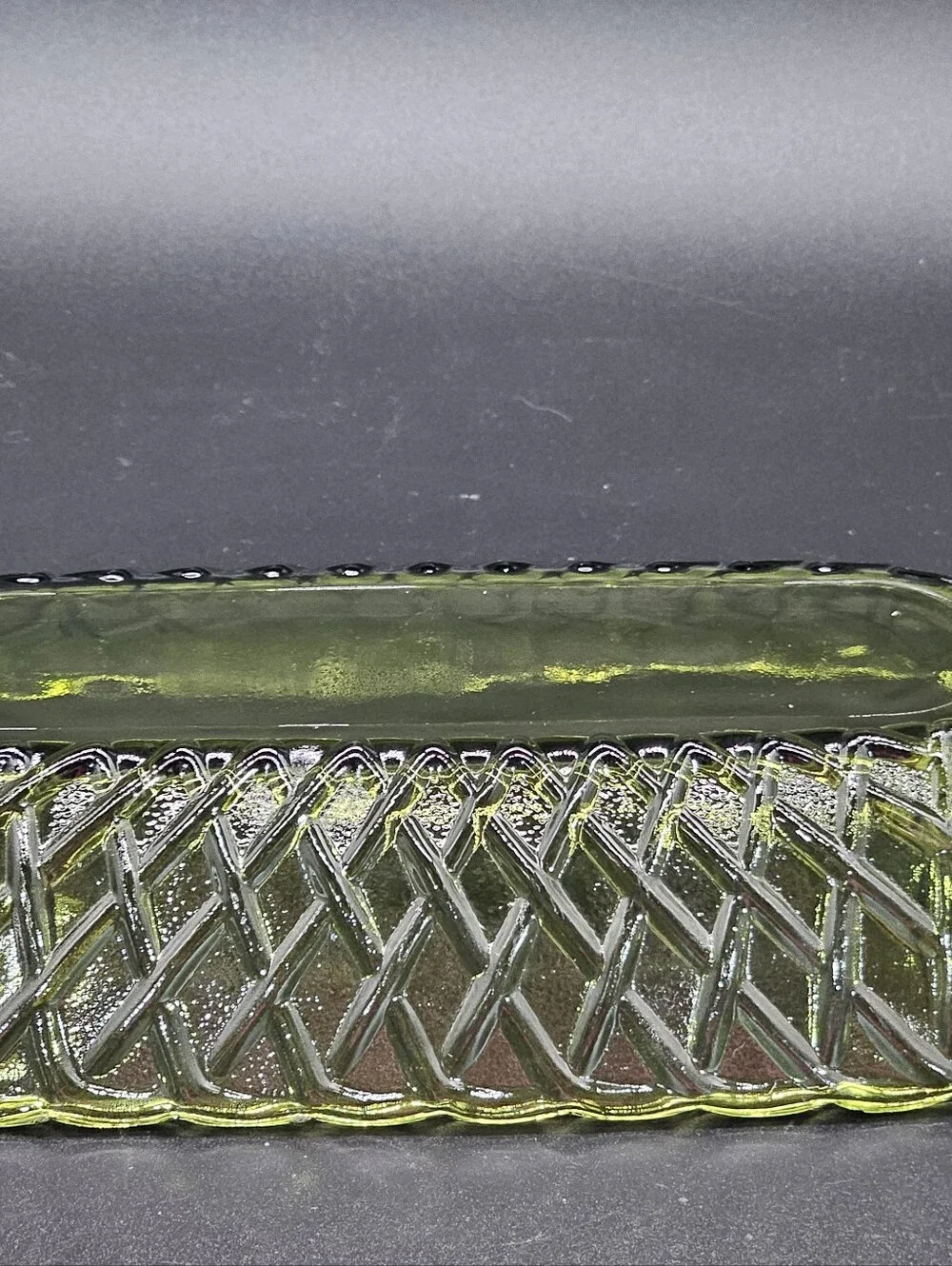 Vintage Indiana Glass Pretzel Pattern Avocado Green Oblong Celery Dish - Basket